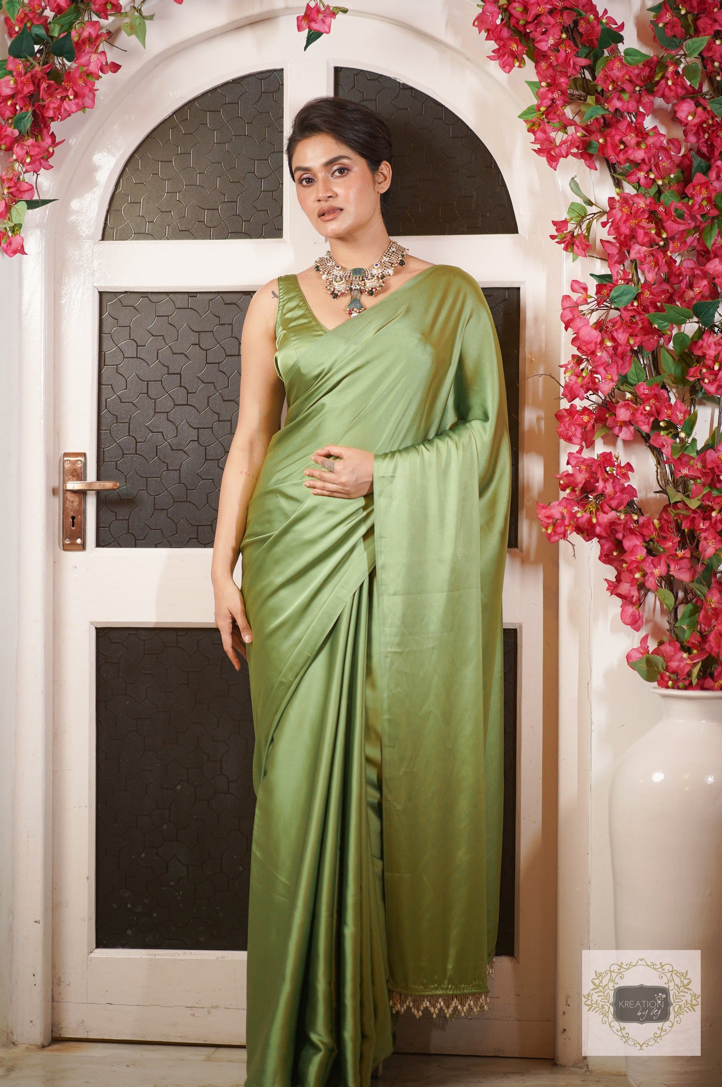 Moss Green Satin Silk Saree