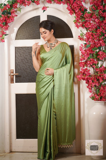 Moss Green Satin Silk Saree