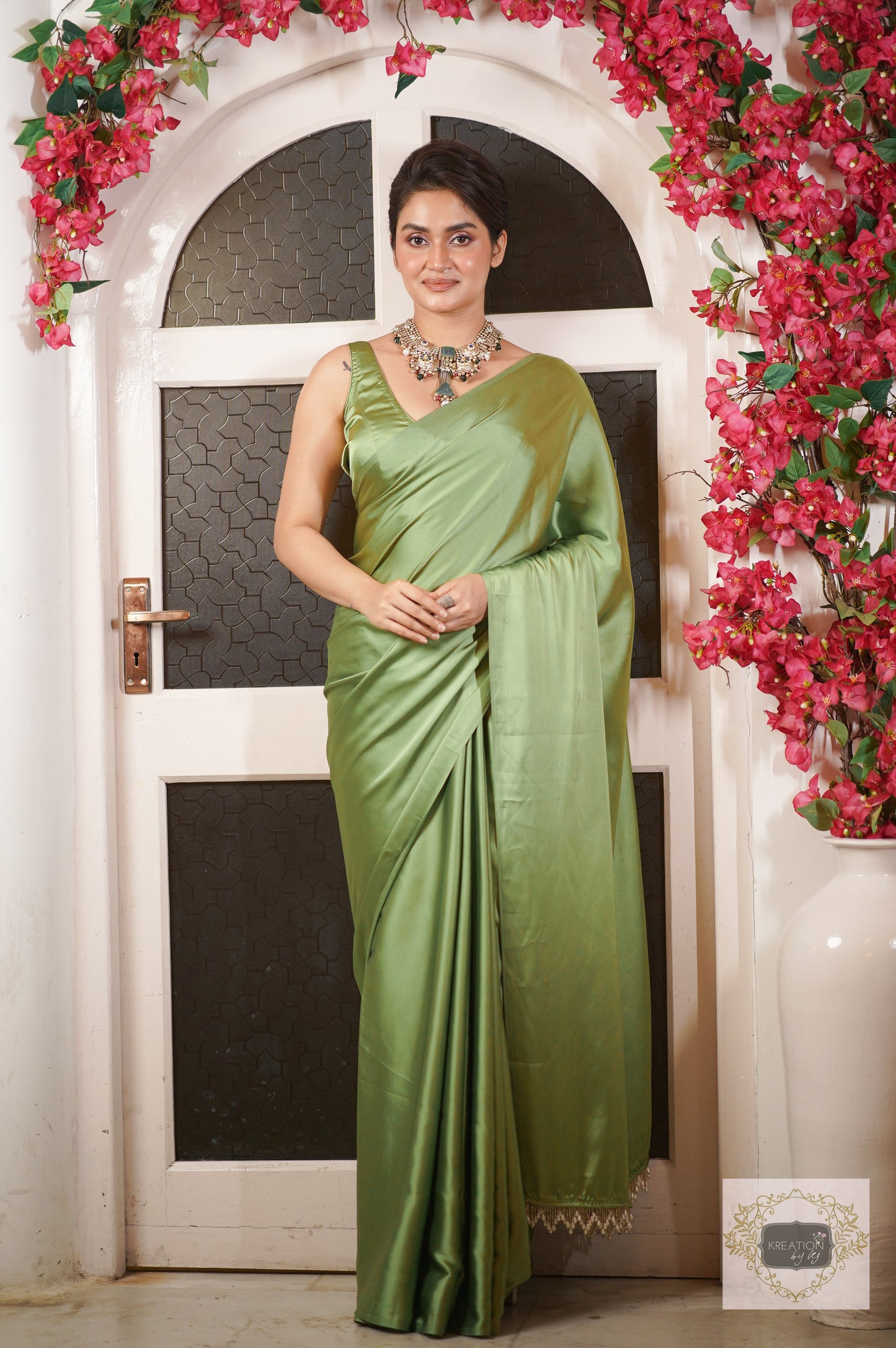 Moss Green Satin Silk Saree