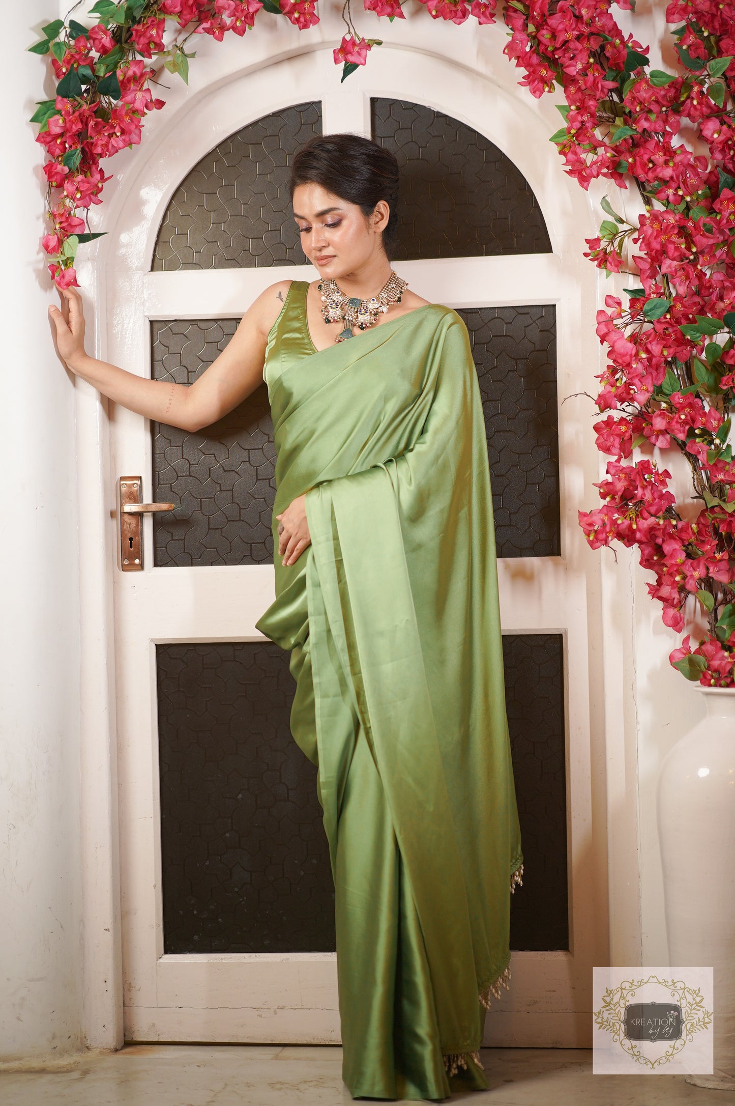 Moss Green Satin Silk Saree