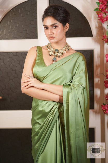 Moss Green Satin Silk Saree