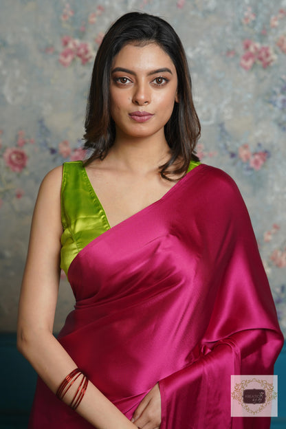 Hot Pink Satin Silk Saree with Handmade Tassels on Pallu