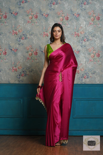 Hot Pink Satin Silk Saree with Handmade Tassels on Pallu