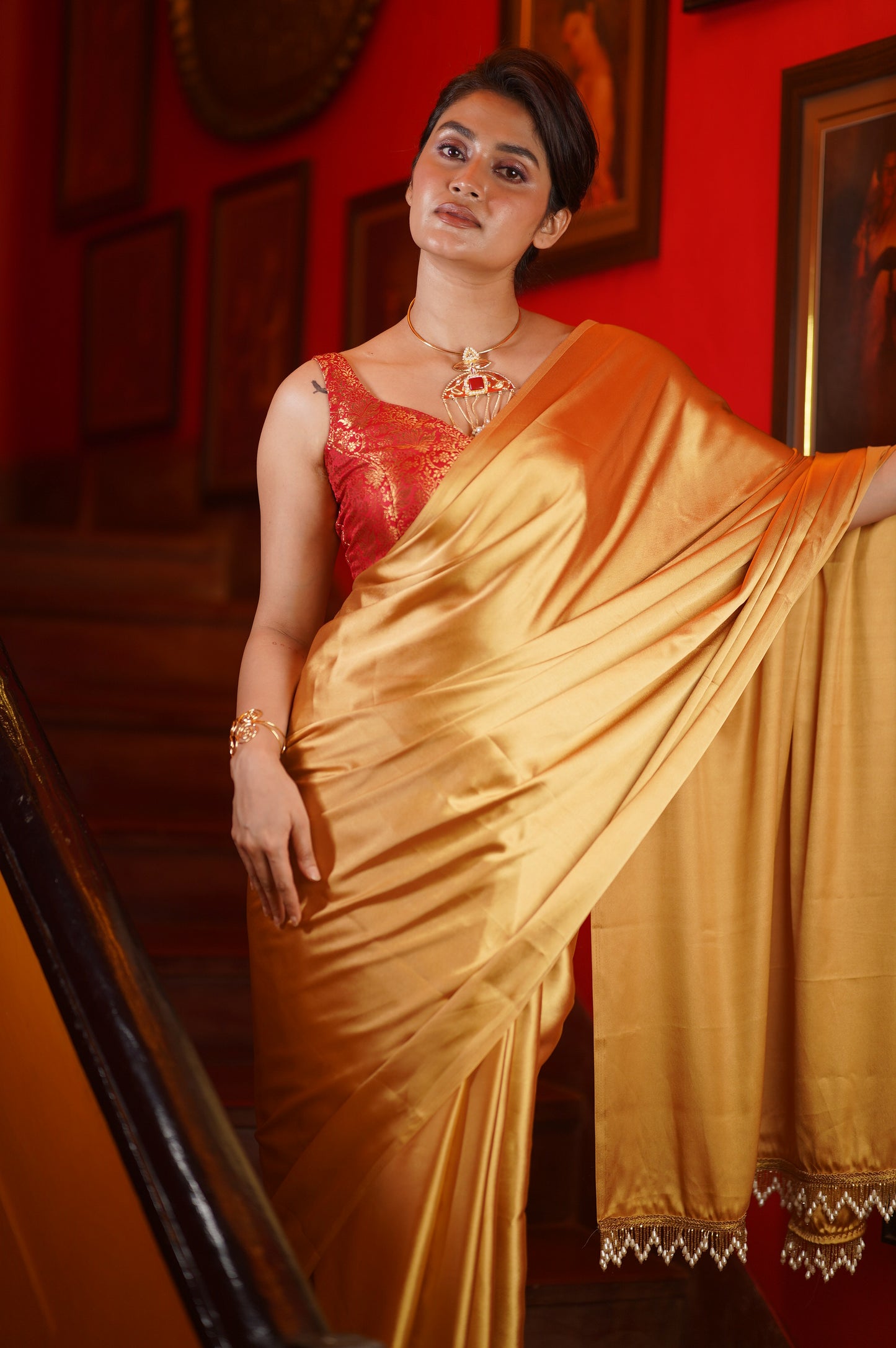 Champagne Gold Satin Saree