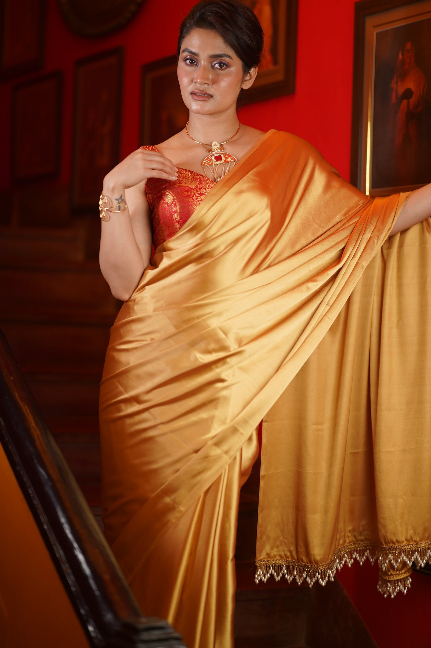 Champagne Gold Satin Saree