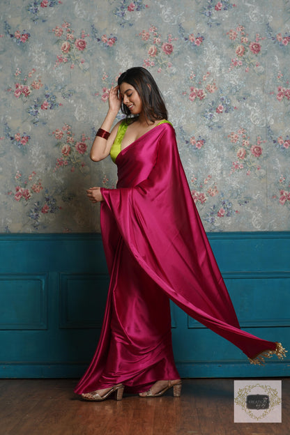 Hot Pink Satin Silk Saree with Handmade Tassels on Pallu