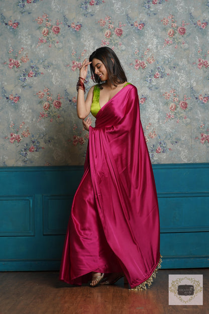 Hot Pink Satin Silk Saree with Handmade Tassels on Pallu