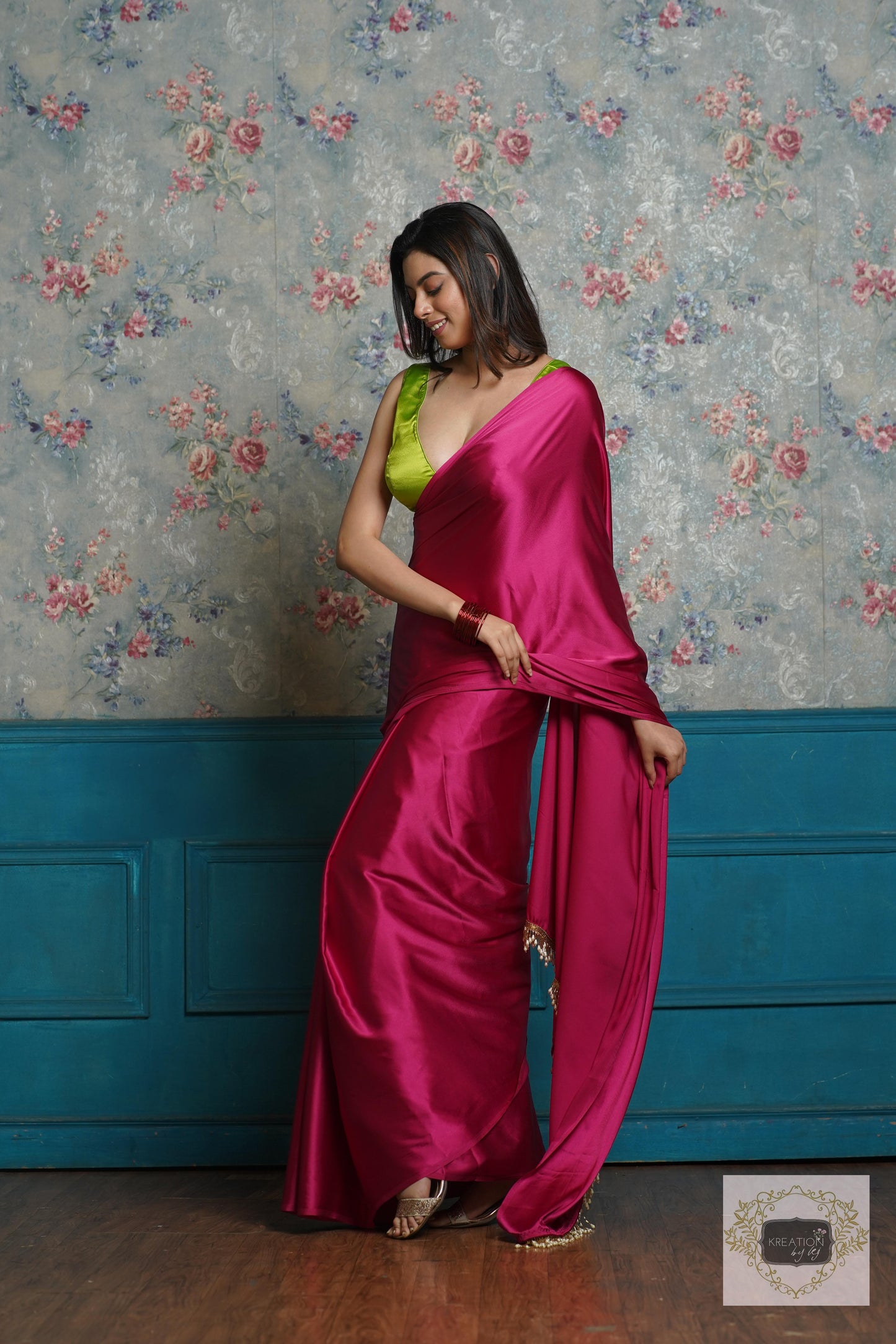 Hot Pink Satin Silk Saree with Handmade Tassels on Pallu