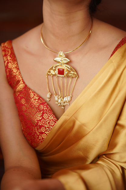 Red Brocade Dome Neck Blouse