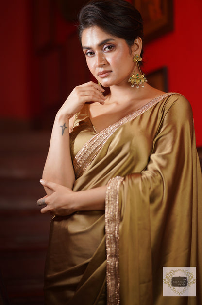 Olive Green satin Silk Saree Cocktail