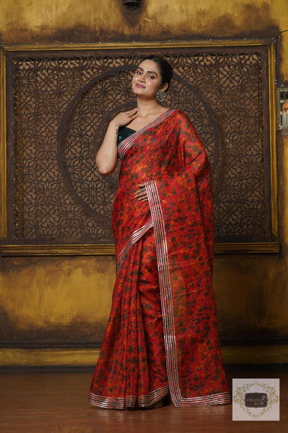 Orange Floral Kota Silver Lining Saree