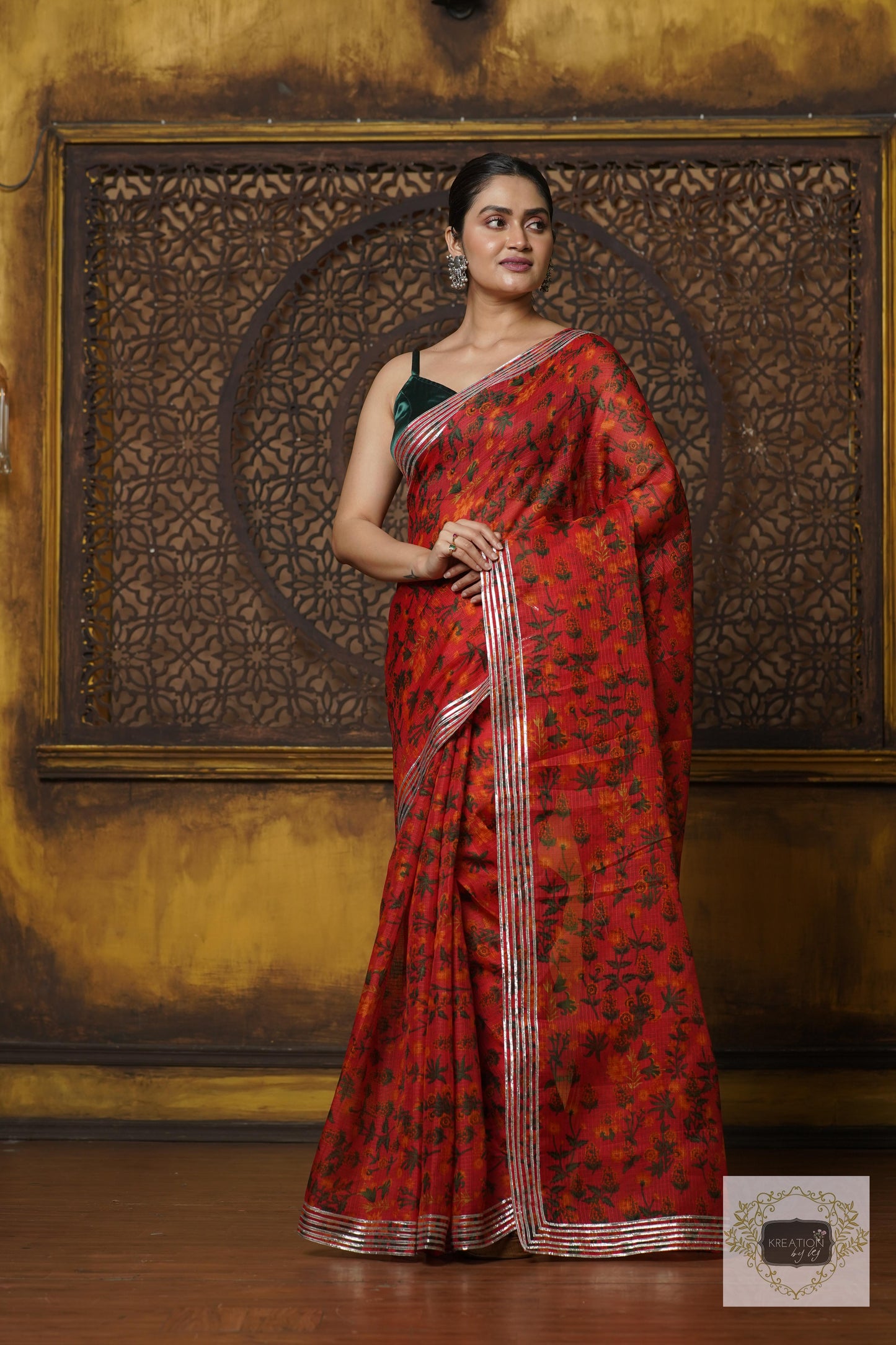 Orange Floral Kota Silver Lining Saree