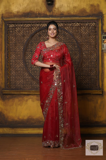 Red Glass Tissue Sheesh Mahal Saree