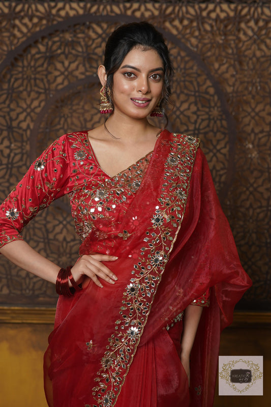 Red Glass Tissue Sheesh Mahal Saree kreationbykj