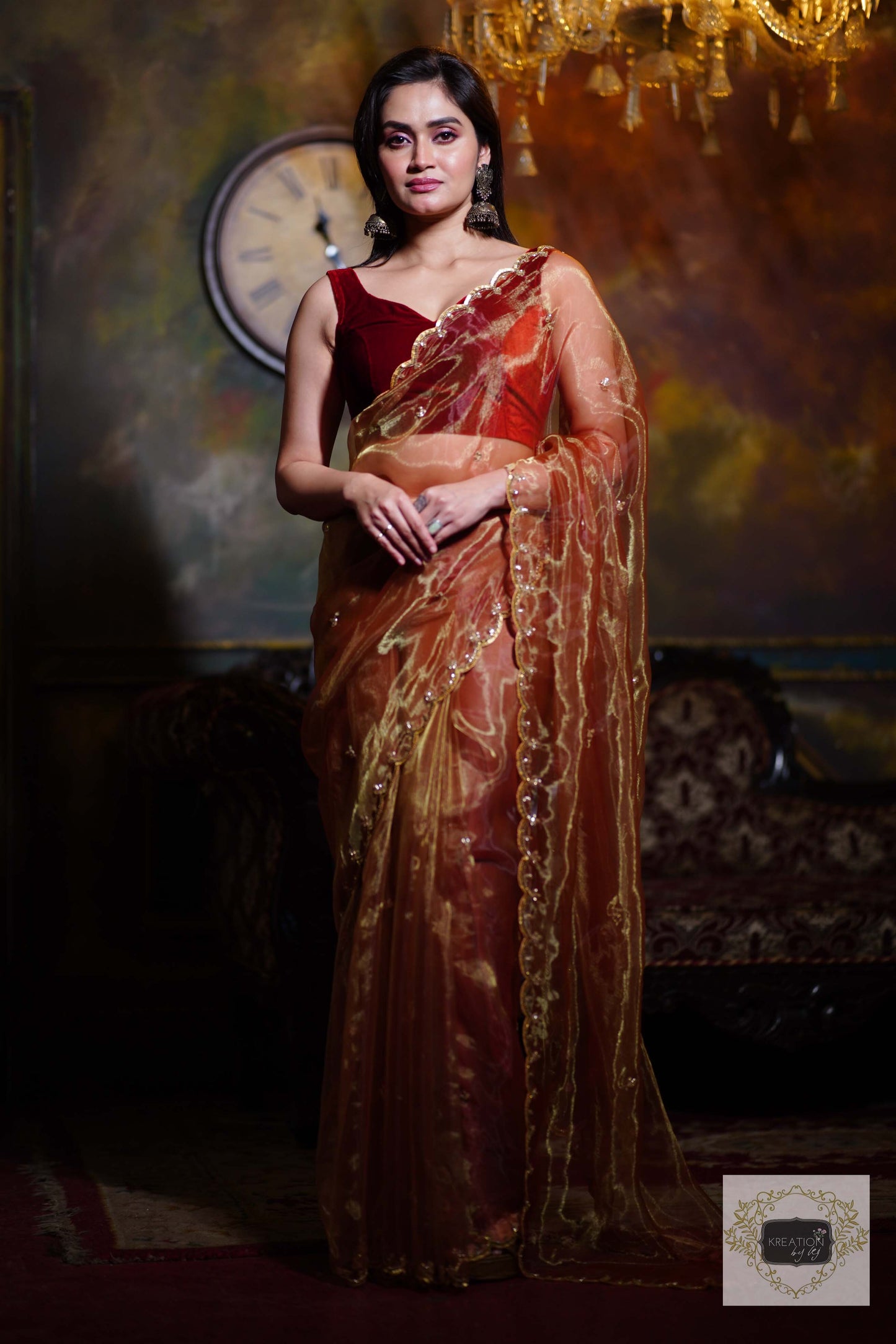 Golden Auburn Glass Tissue Piyali Saree