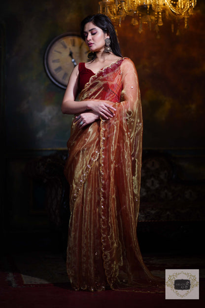 Golden Auburn Glass Tissue Piyali Saree