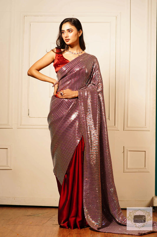 Dazzle Maroon Sequin Half Saree kreationbykj