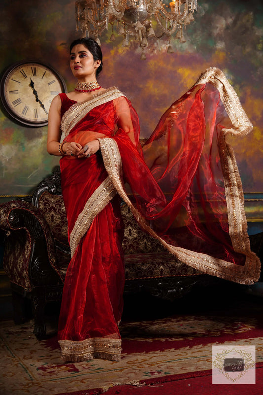 Red Glass Tissue Banno Saree