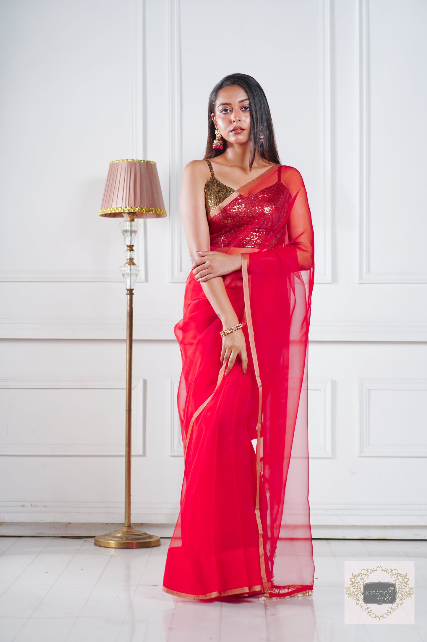 Red Organza Saree With Handmade Tassels On Pallu