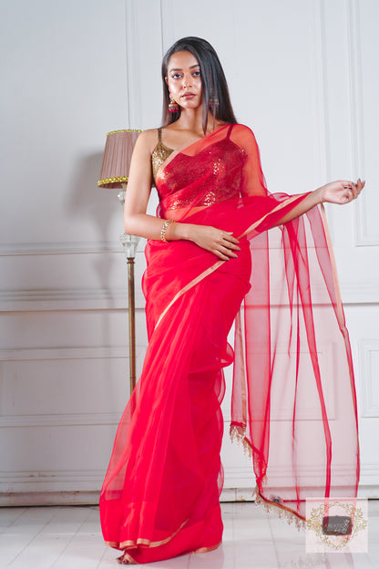 Red Organza Saree With Handmade Tassels On Pallu