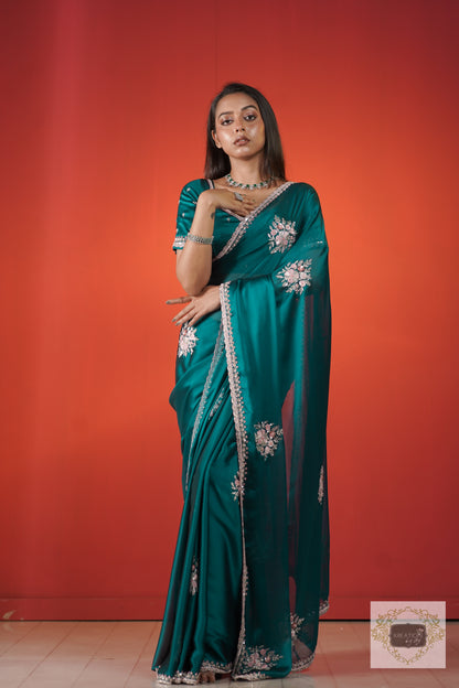 Teal Blue Floral Symphony Saree