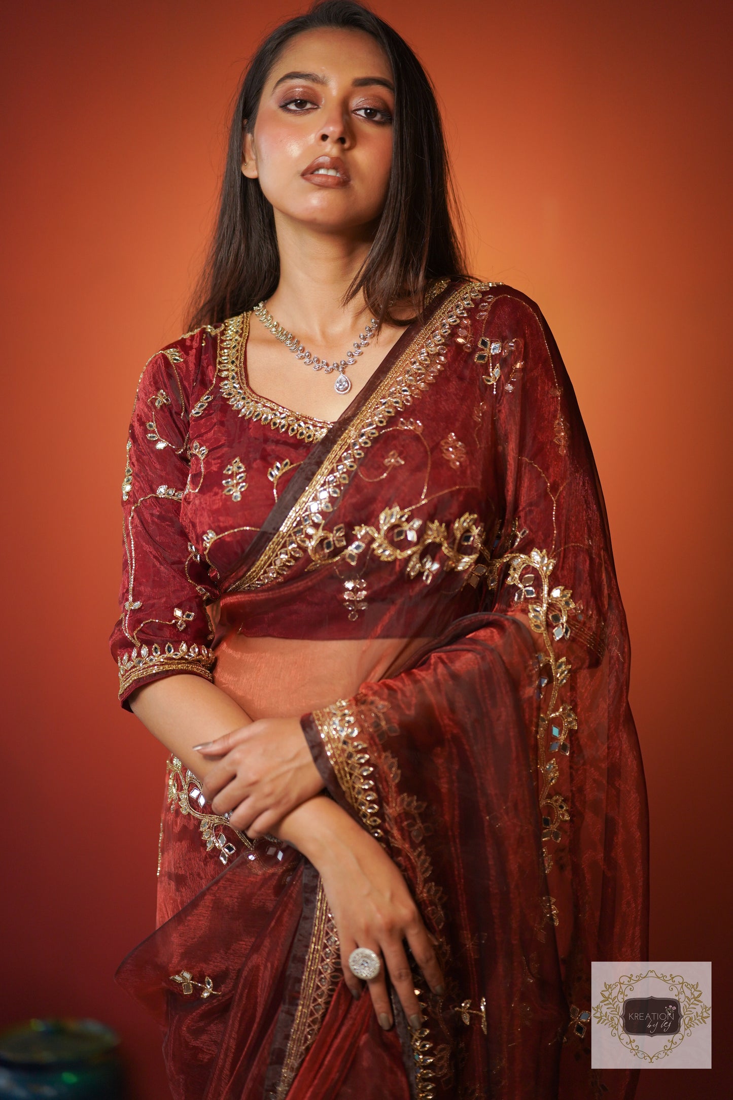 Maroon Glass Tissue Sheesh Mahal Saree