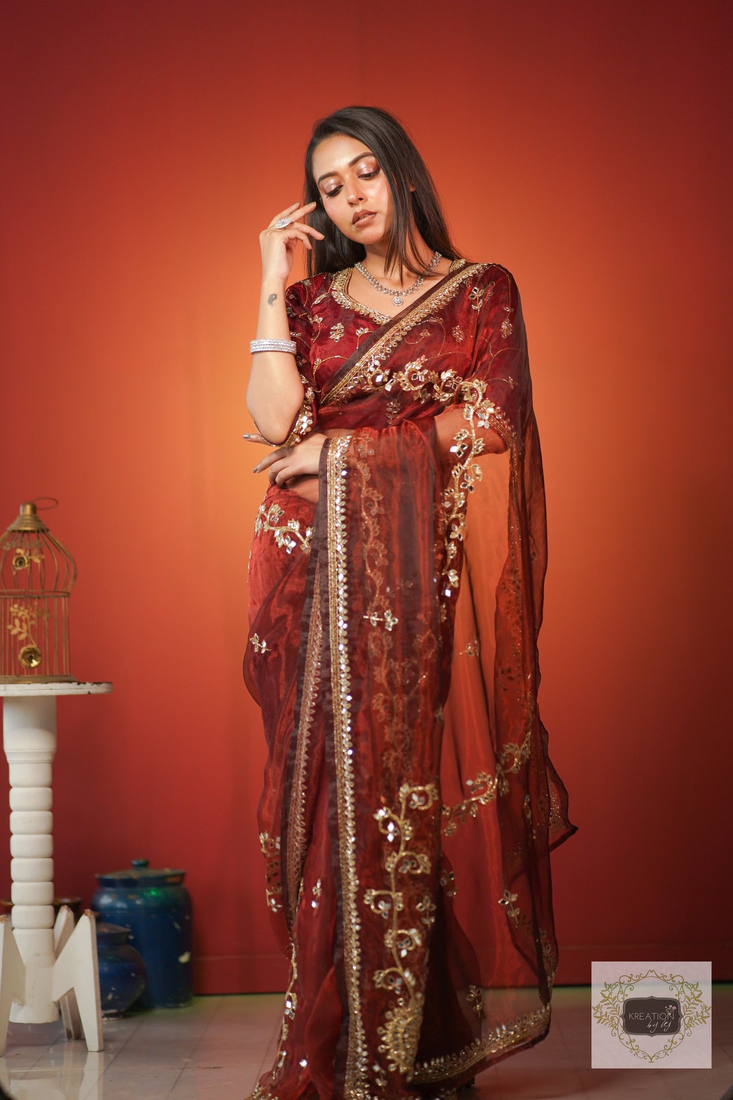 Maroon Glass Tissue Sheesh Mahal Saree