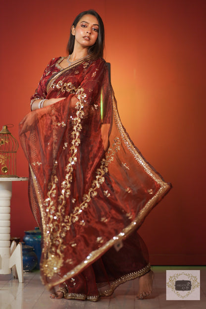 Maroon Glass Tissue Sheesh Mahal Saree