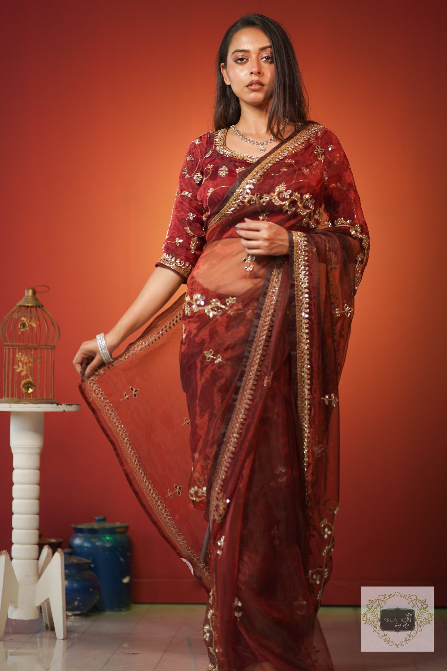 Maroon Glass Tissue Sheesh Mahal Saree