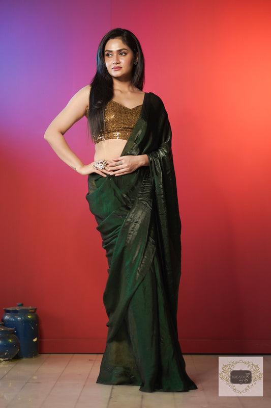 Bottle Green Shimmer Satin Saree kreationbykj