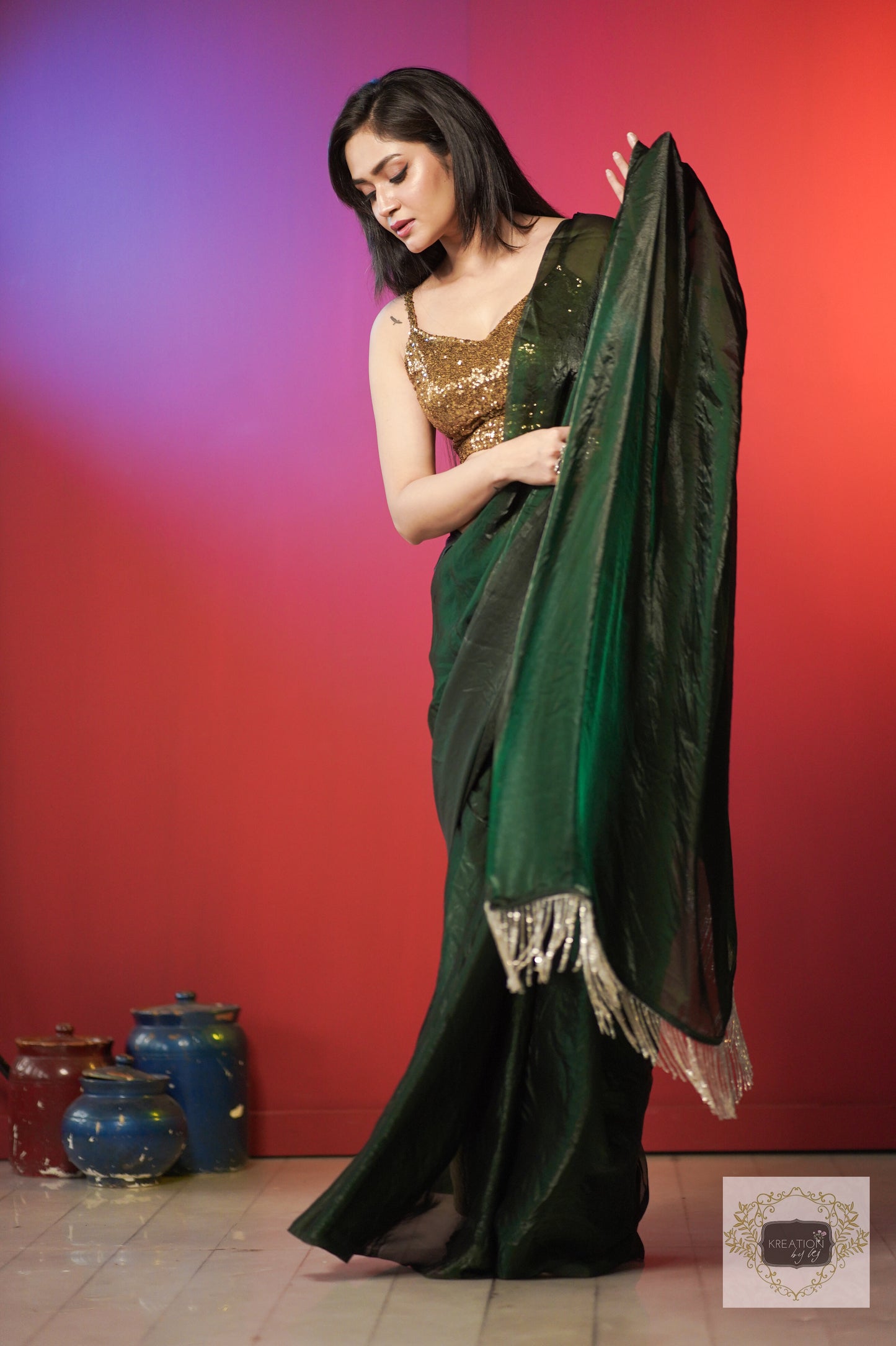 Bottle Green Shimmer Satin Saree