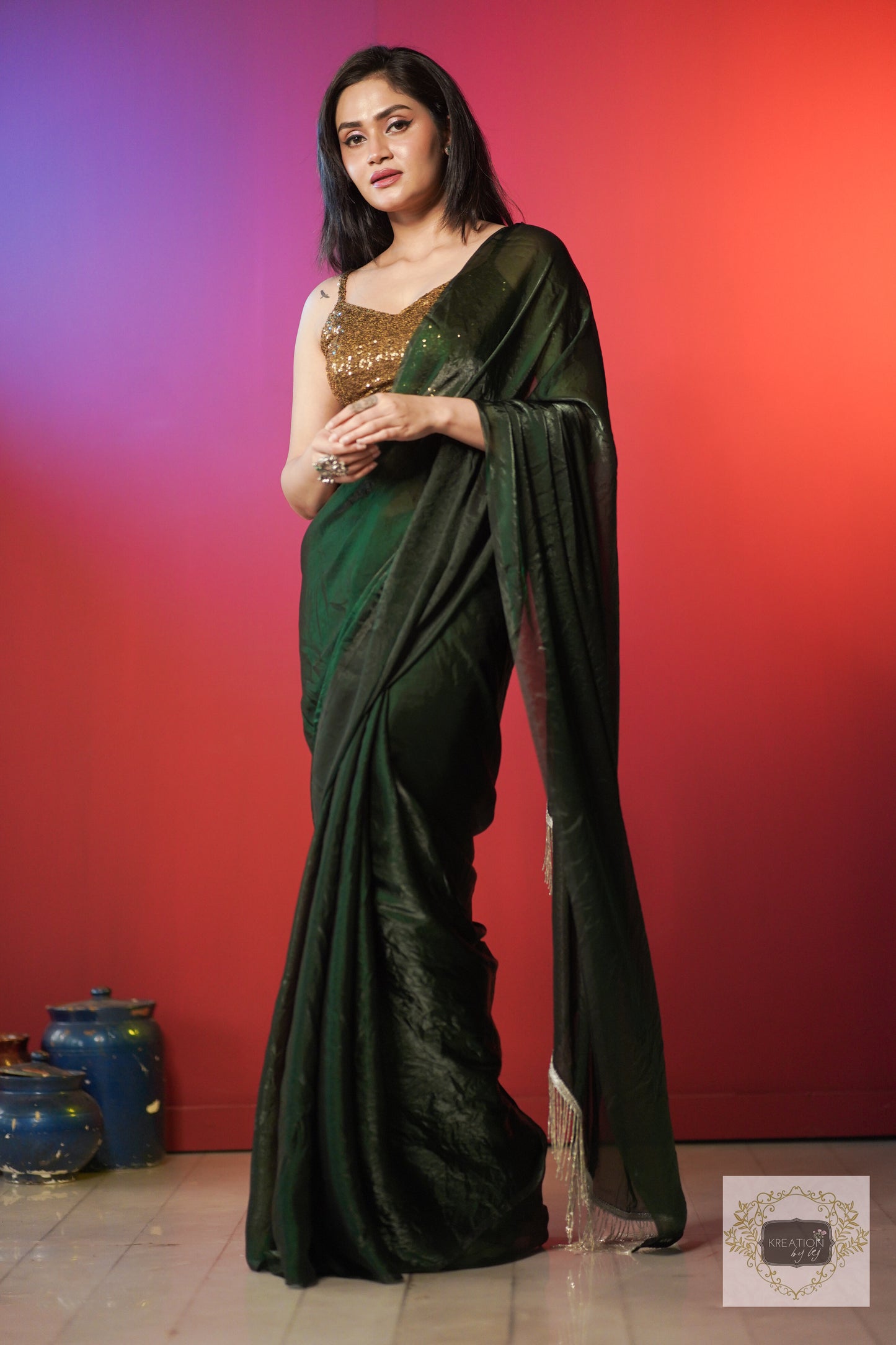 Bottle Green Shimmer Satin Saree