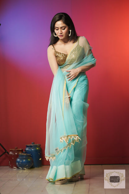 Ice Blue Organza Saree With Handmade Tassels On Pallu