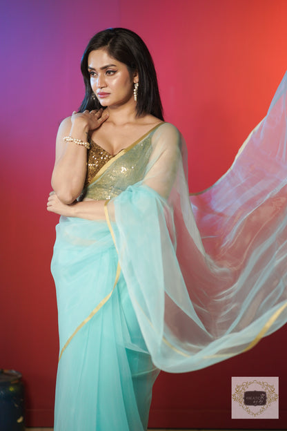 Ice Blue Organza Saree With Handmade Tassels On Pallu