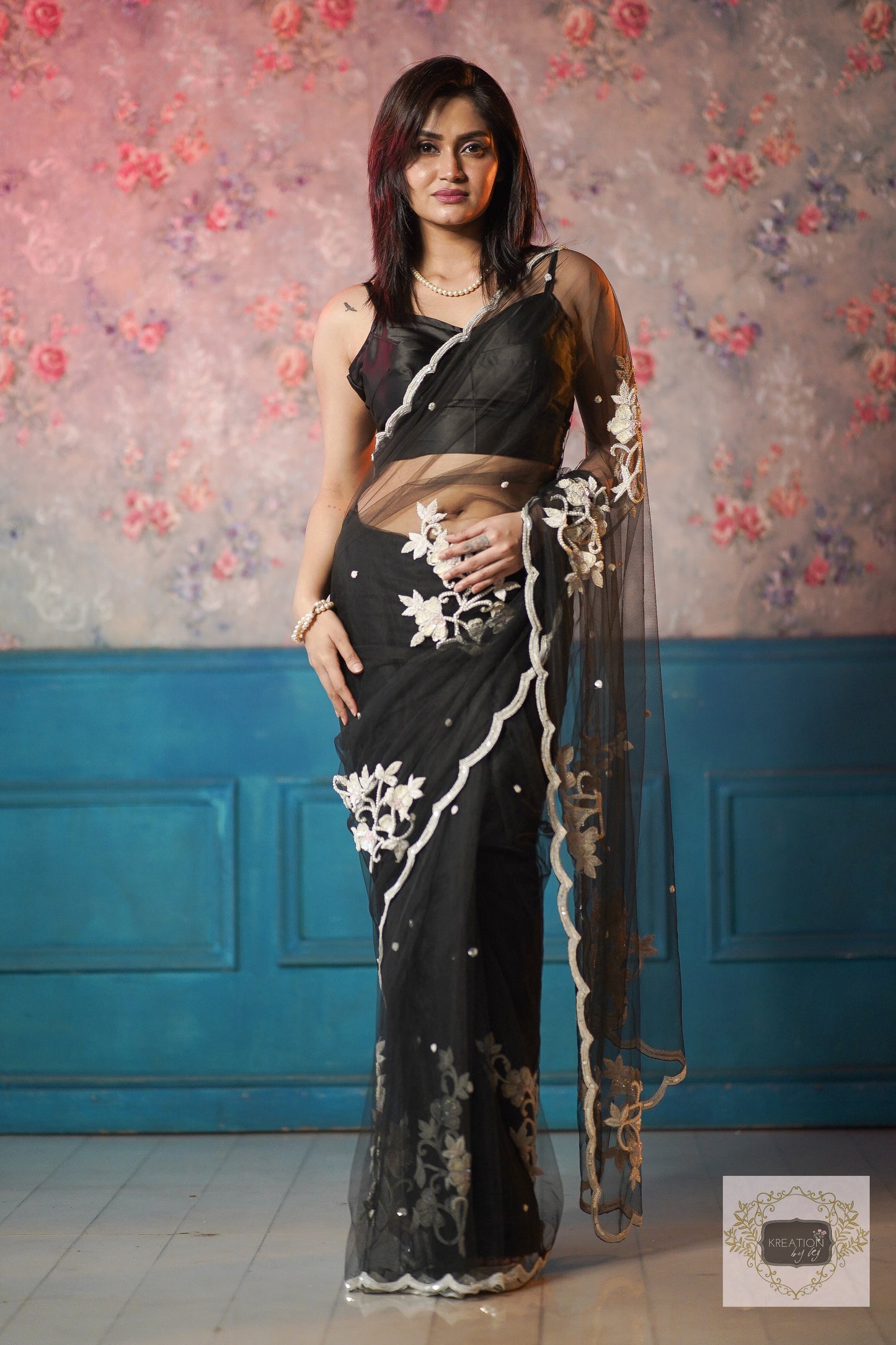 Black Florescence Net Saree