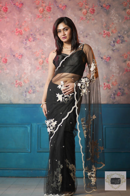 Black Florescence Net Saree