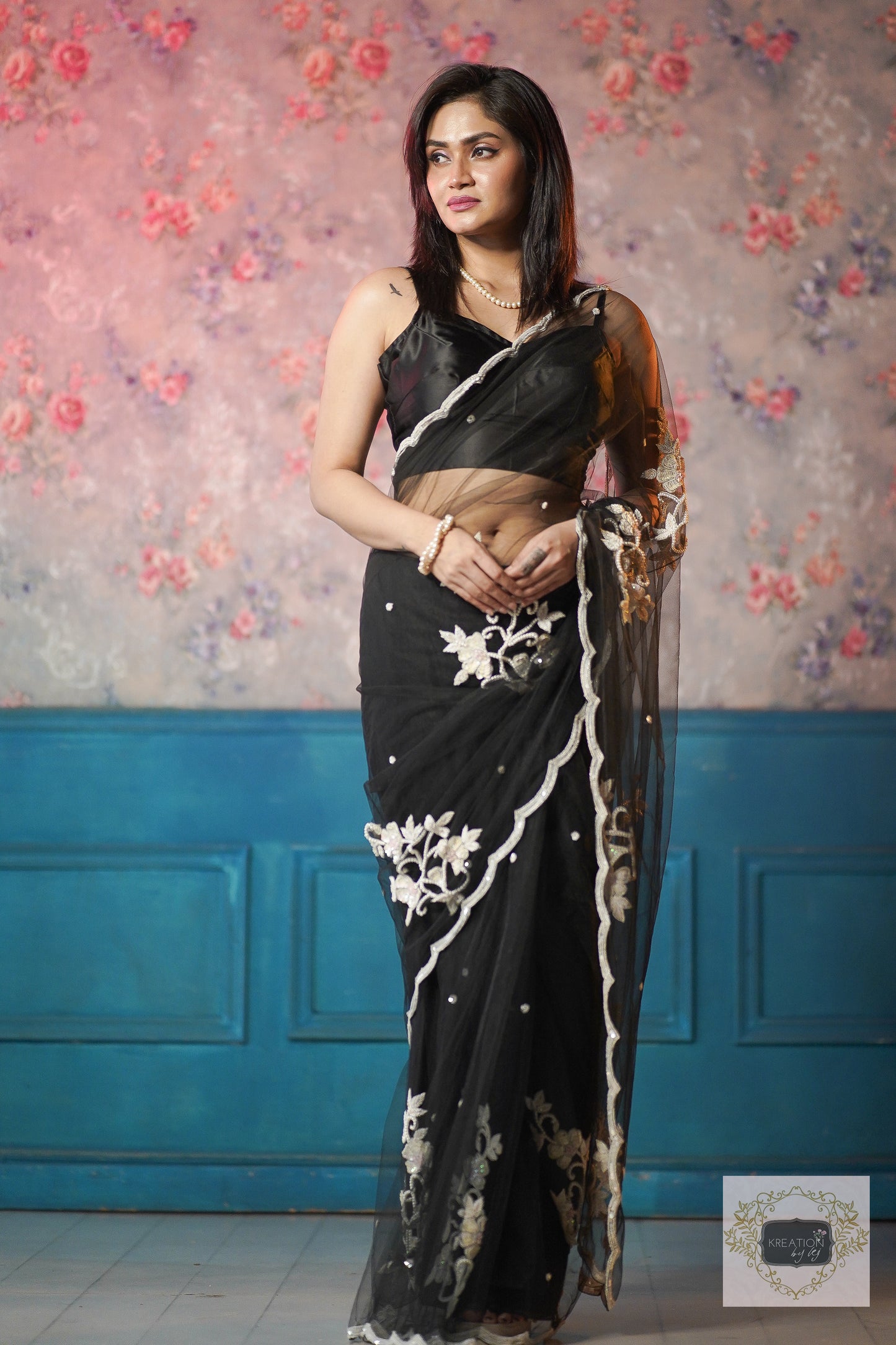 Black Florescence Net Saree