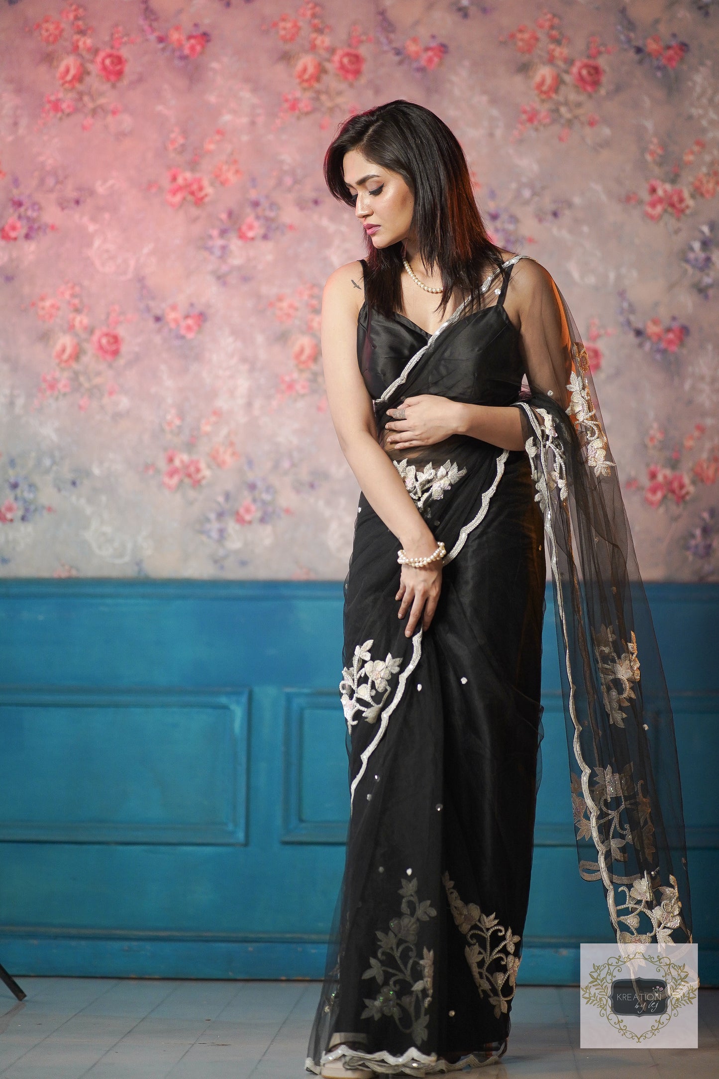 Black Florescence Net Saree