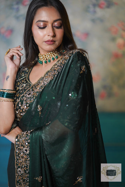 Bottle Green Shimmer Satin Sheesh Mahal Saree