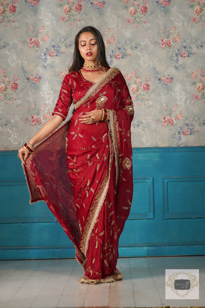 Din Shagan Da Maroon Bridal Crepe Silk Saree