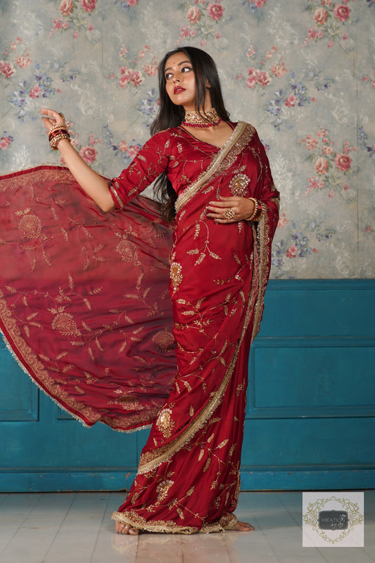 Din Shagan Da Maroon Bridal Crepe Silk Saree