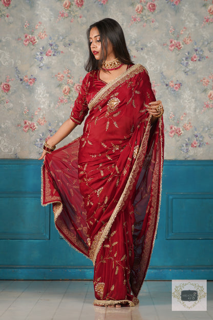 Din Shagan Da Maroon Bridal Crepe Silk Saree