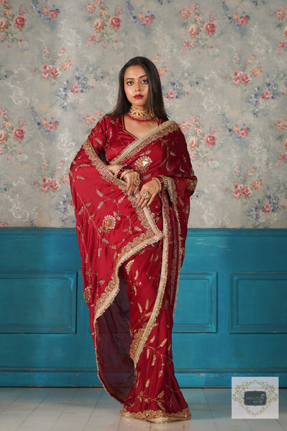 Din Shagan Da Maroon Bridal Crepe Silk Saree