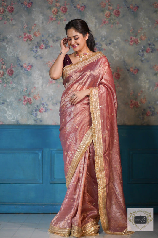 Salmon Pink Tissue Banno Saree kreationbykj