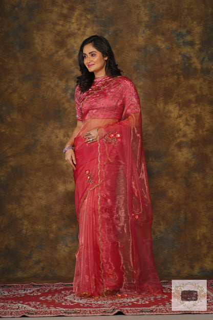 Remember the Roses Pink Glass Tissue Saree