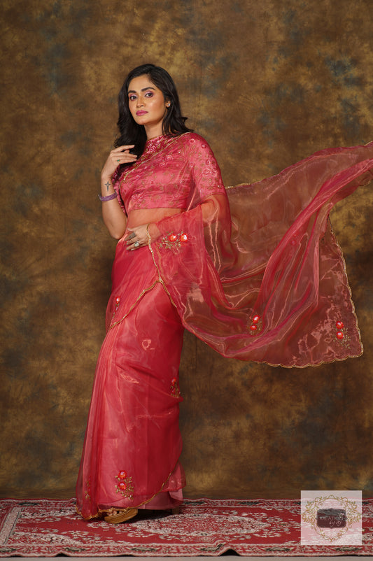 Remember the Roses Pink Glass Tissue Saree