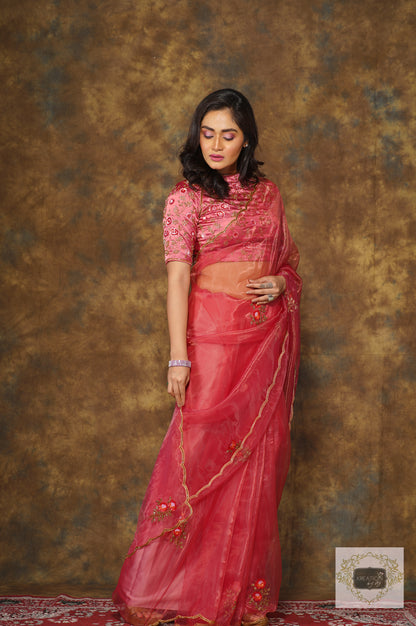 Remember the Roses Pink Glass Tissue Saree