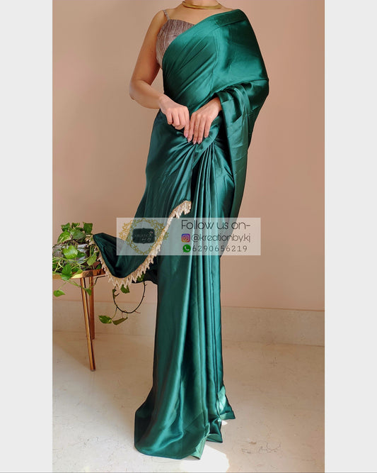 Emerald Green Satin Silk Saree With Handmade Tassels On Pallu