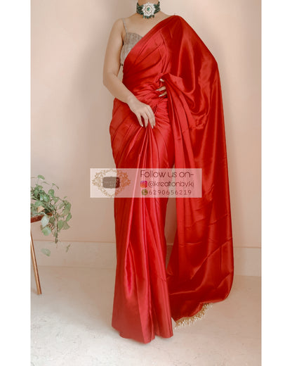 Crimson Red Satin Silk Saree With Handmade Tassels On Pallu