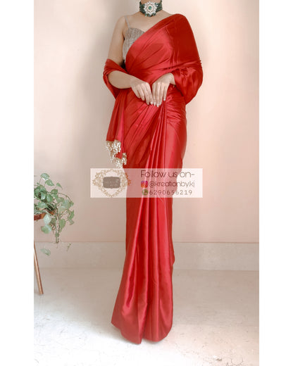 Crimson Red Satin Silk Saree With Handmade Tassels On Pallu